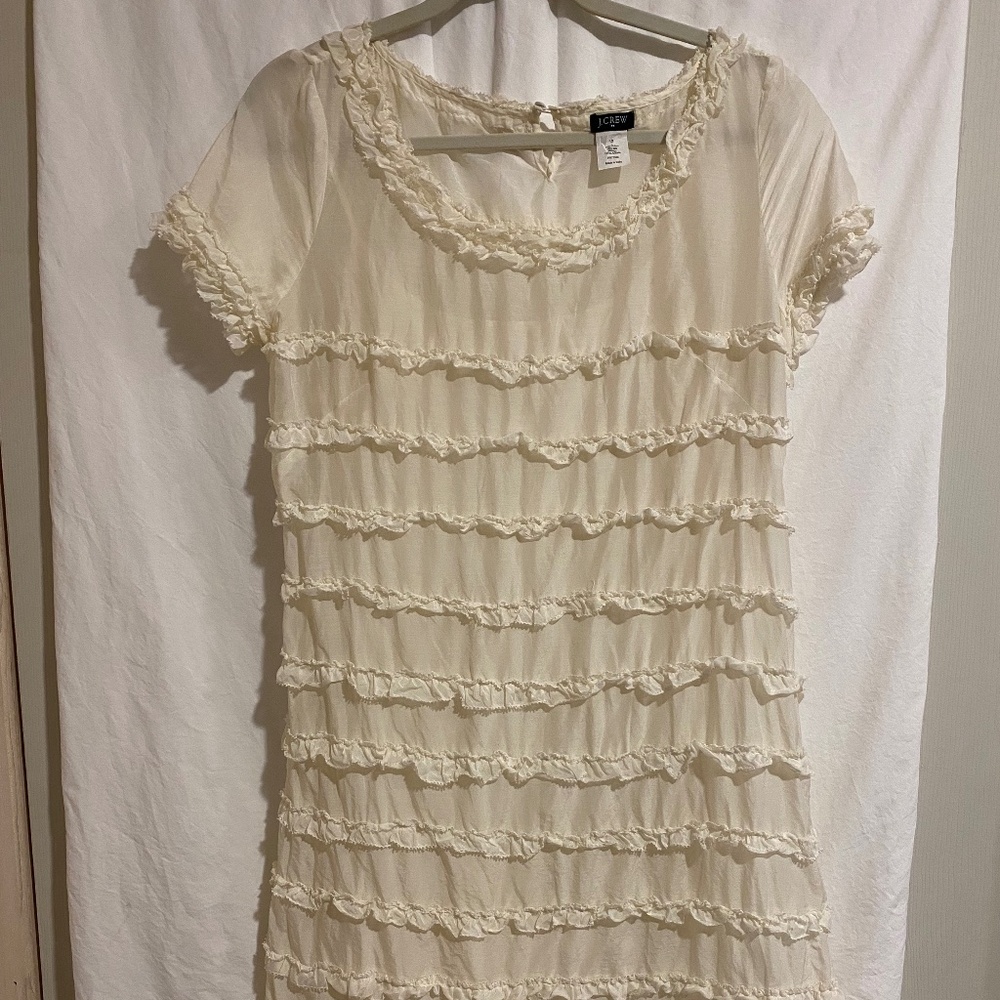 J. Crew off white ruffle stripe dress with cap sleeves size 12